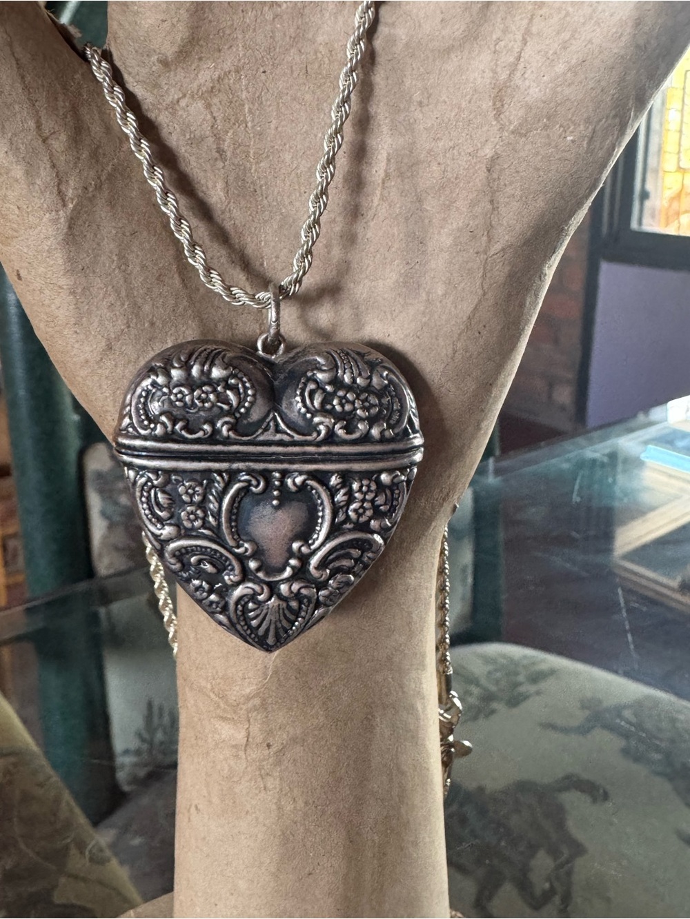 Antique Victorian Heart Sterling Silver Large Opens With Thick Rope Chain Nice!!
